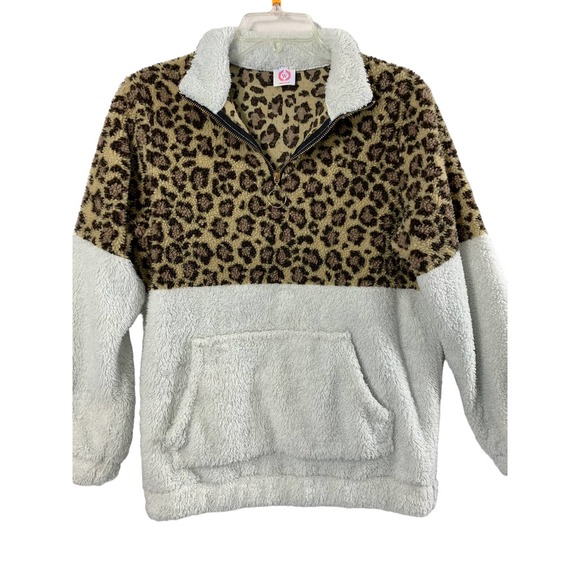 Wanna B Jacket Sherpa Fleece Womens Small Quarter Zip Animal Print Off White - Picture 2 of 11